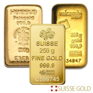 999.9 Purity Golden Suisse 250 Gram Gold Bar