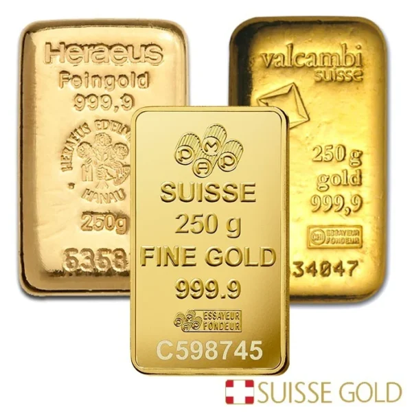 999.9 Purity Golden Suisse 250 Gram Gold Bar