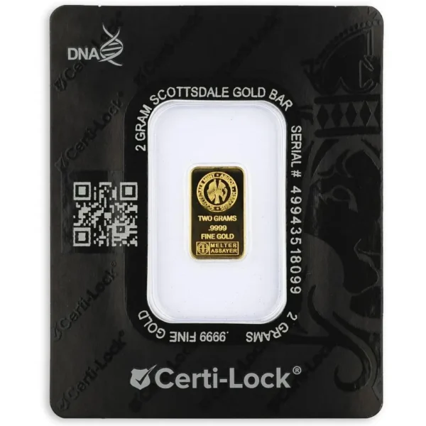 2 gram Scottsdale Mint 9999 Gold Bar - Sealed in Certi-Lock COA #A378 - Image 2